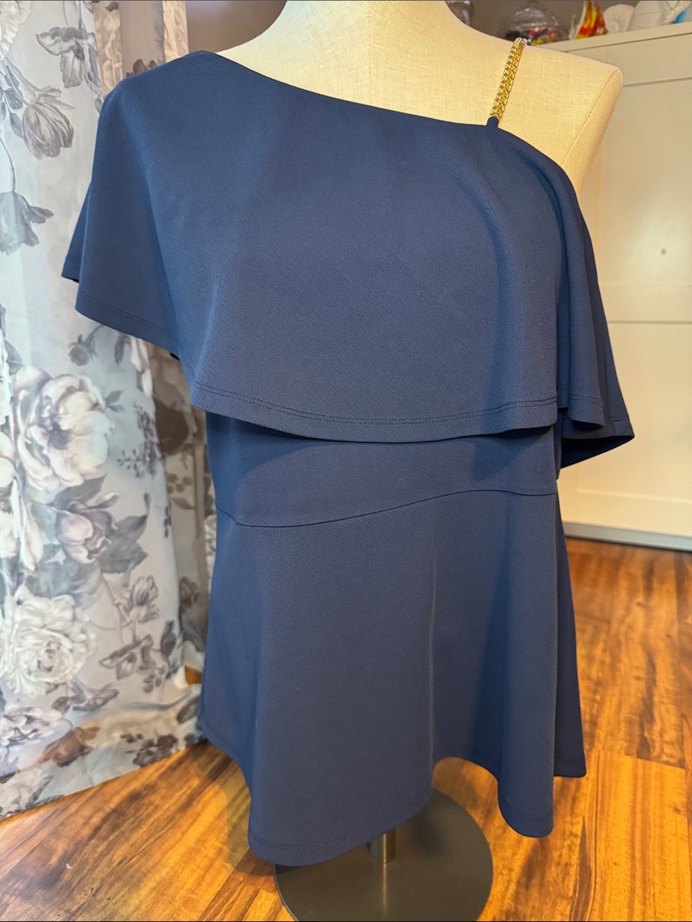 Michael Kors Navy One-Shoulder top with Gold Chain Strap